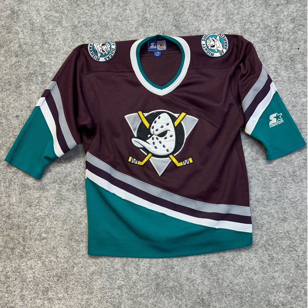 Vintage 90s Starter Mighty Ducks of Anaheim NHL Jersey Boys Size L/XL Eggplant